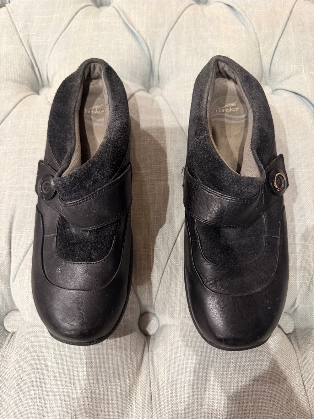 Dansko Black Leather and Suede Clog Mules